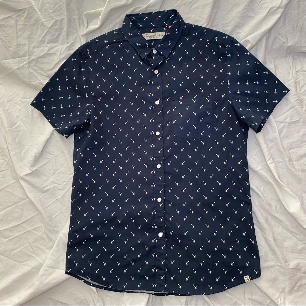 Navy Blue Palm Trees Short Sleeve Collar Button Down W21 X L30